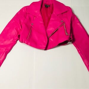 PrettyLittleThing Hot Pink Faux Leather Cropped Moto Biker Jacket US 4